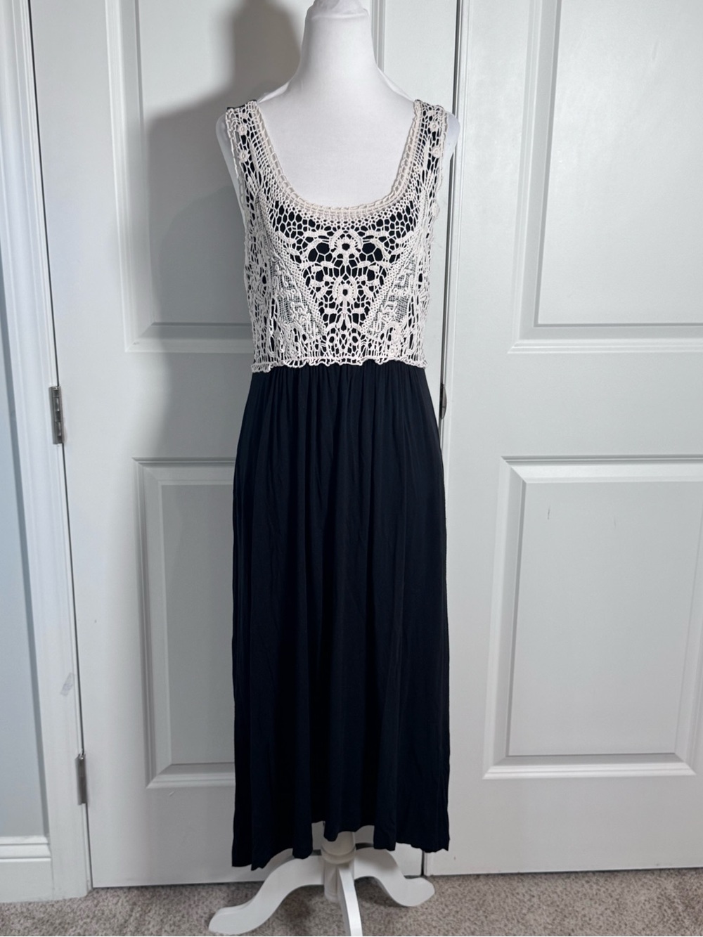 Soma Crochet Lace Maxi Dress M Black Ivory Boho Resort Beach Pockets Stretch